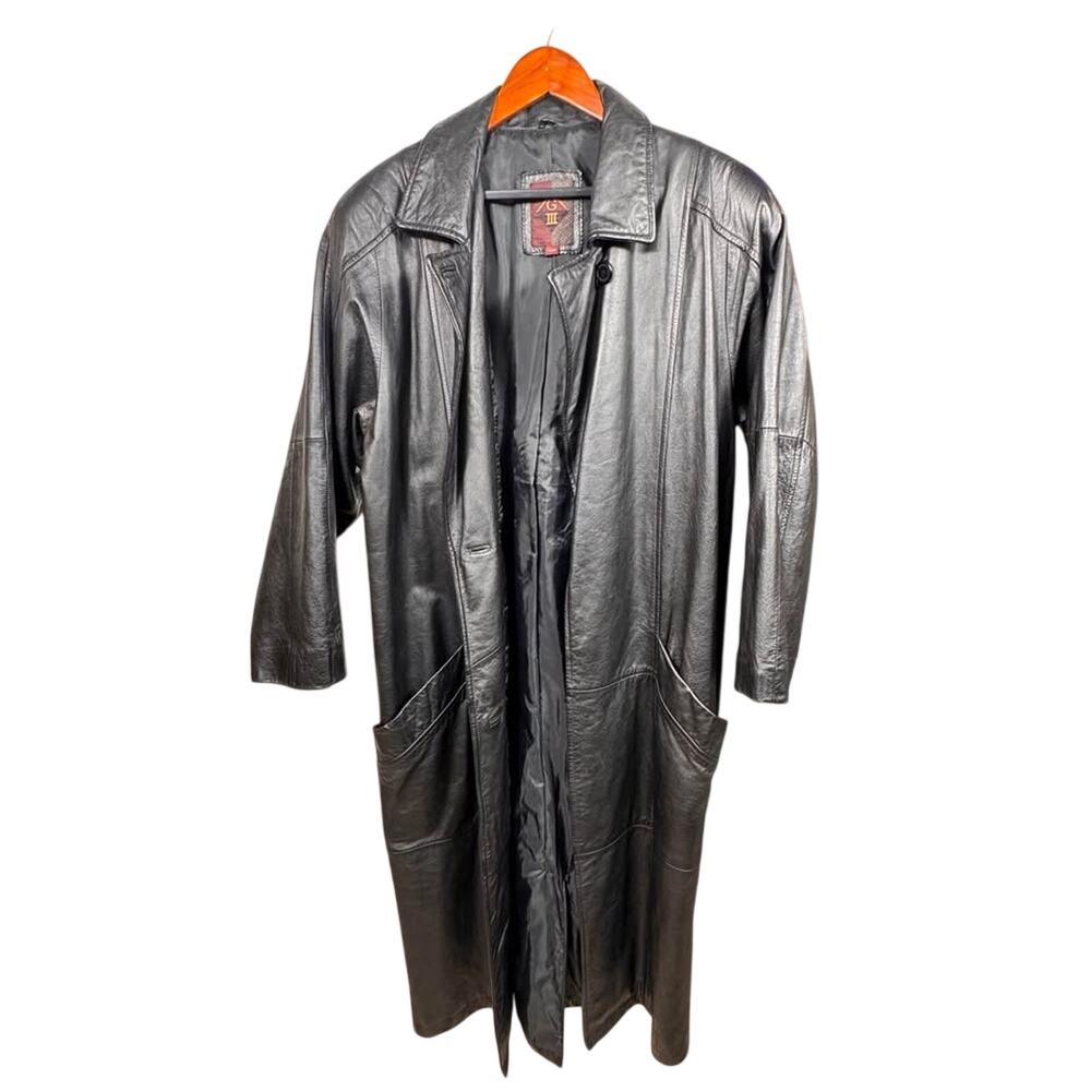 Vintage G-III Mens Black Genuine Leather Trench Coat Long Overcoat Medium